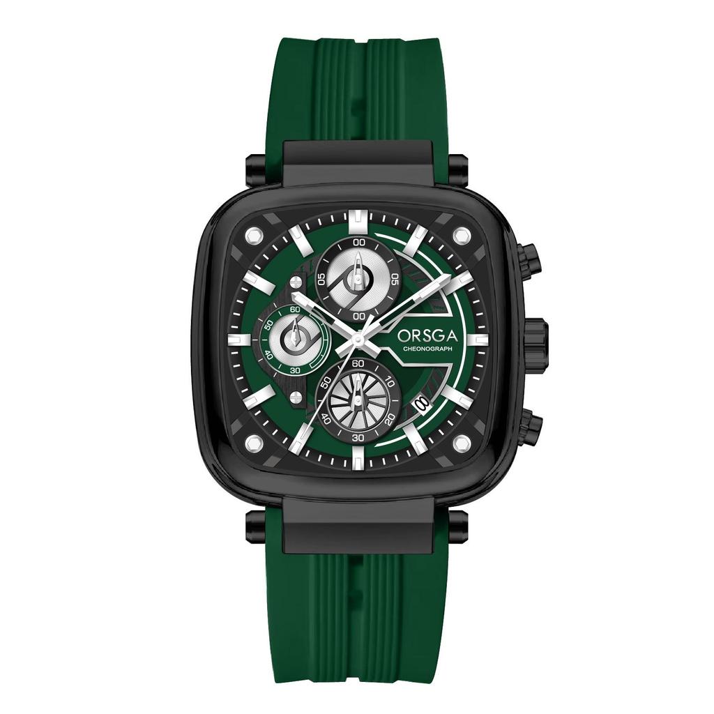 Mens Square Chronograph Watches Waterproof Luminous Quartz Wrist Watch with Silicone Strap
