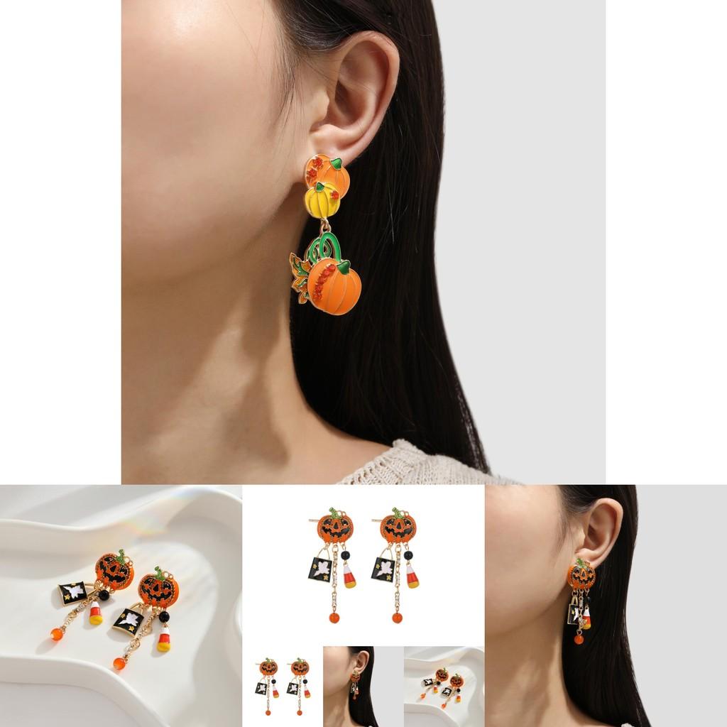 Unique Trendy Halloween Ghost Pumpkin Dangle Earrings With Dazzling Zircon For Women