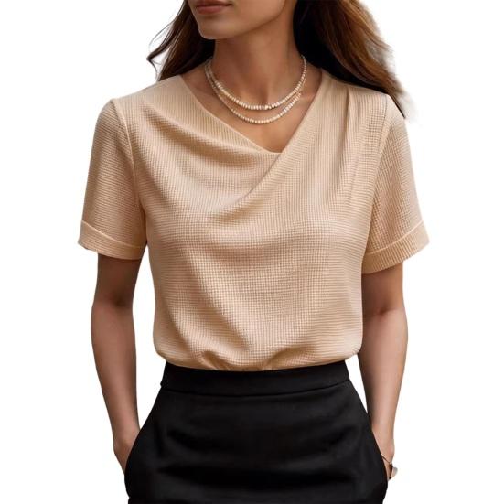 

Women Tops Slim Fit Short Sleeve Crossover V-Neck Pullover Tops Pure Color Soft Fabric Summer Shirt Daily S абрикосовый