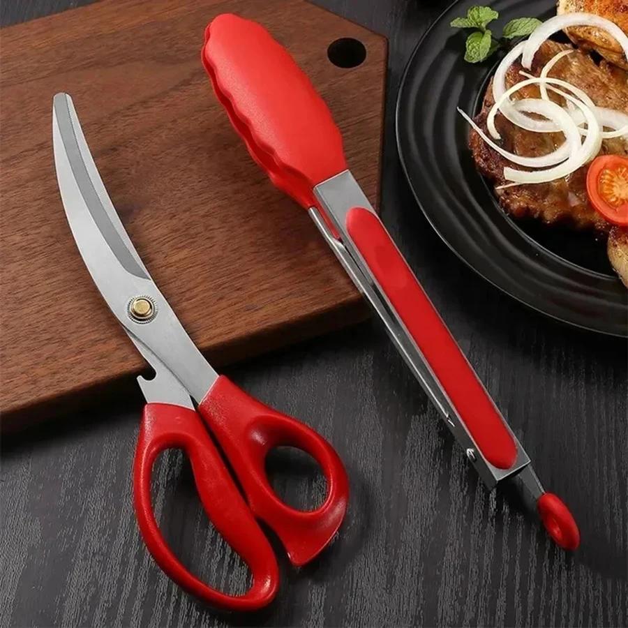Portable Stainless Steel BBQ Scissors Clip Set Silicone Food Clip Scissors Suitable for Outdoor Camping BBQ Accessories