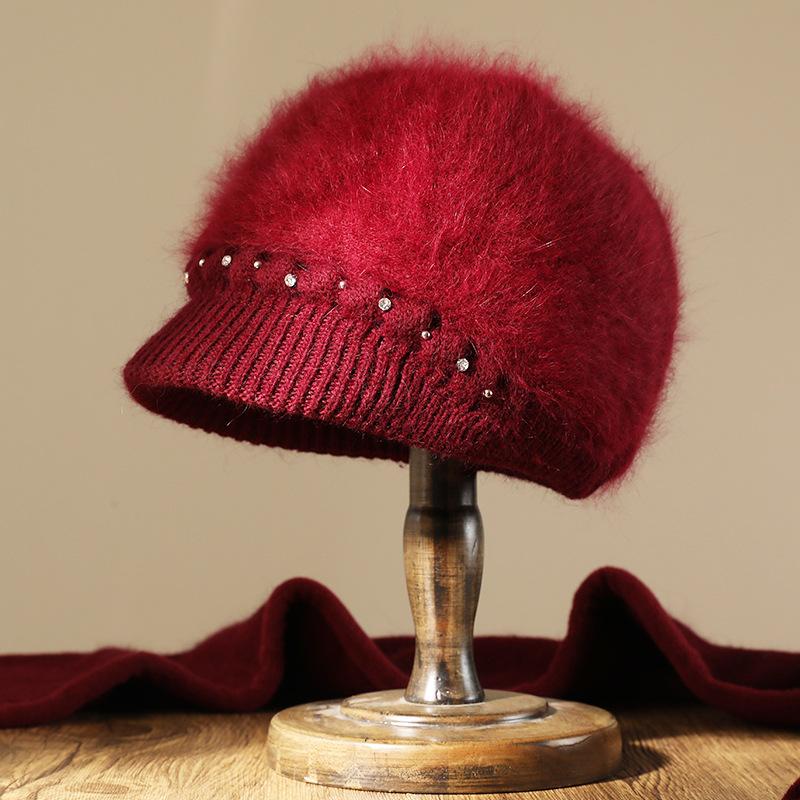 Autumn and Winter New Women's Knitted Hat Winter Thickened Rabbit Fur Medium and Old Hat Fleece Ear Protector Wool Hat