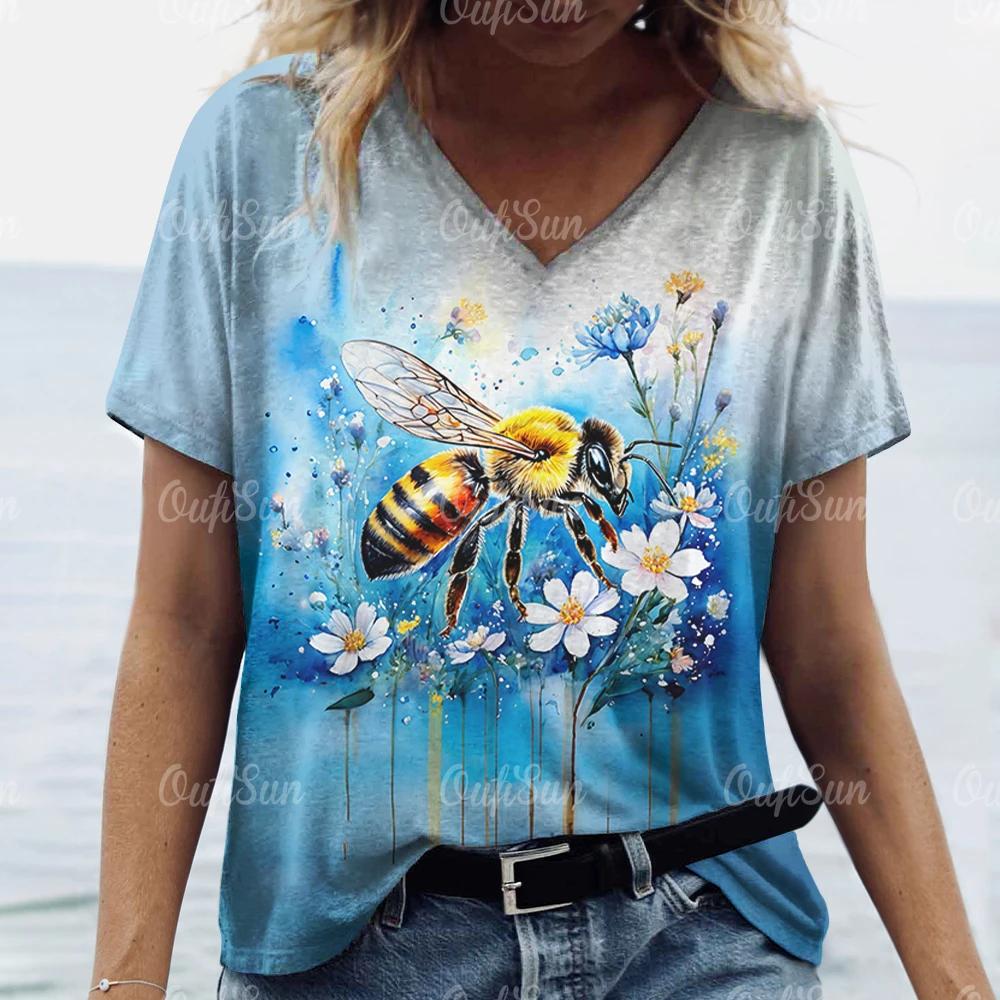 Dam T-shirt med retro bitryck Naturlandskap V-ringad topp Kortärmad tröja Lös Vardaglig design Kläder