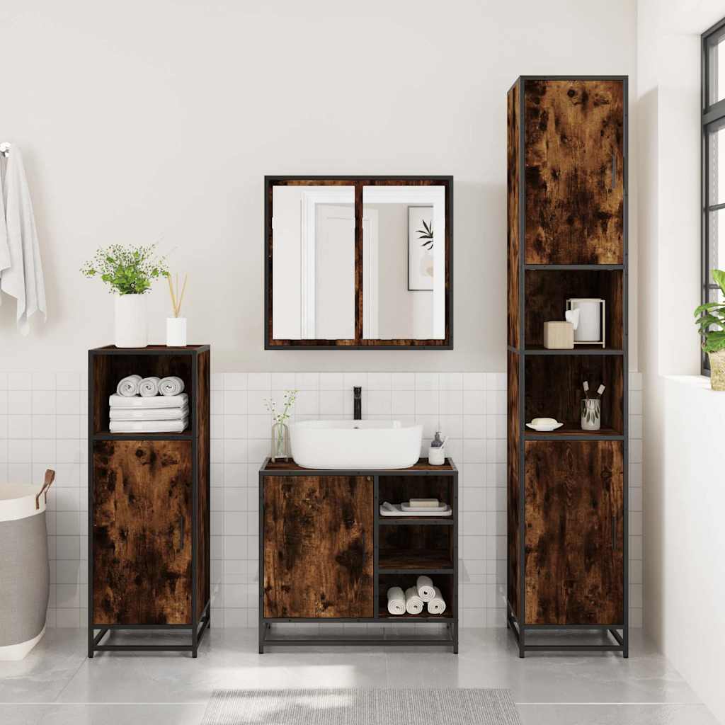 3 Piece Bathroom Furniture Set Smoked Oak Wood Based Material