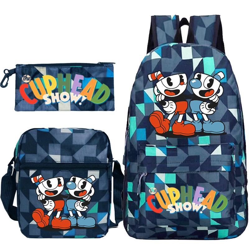 Cartoon Teacup Head Cuphead Student Backpack Oblique Span Bag Pencil Bag Primary And Secondary School Students Children'S Schoolbag Three-Piece Set