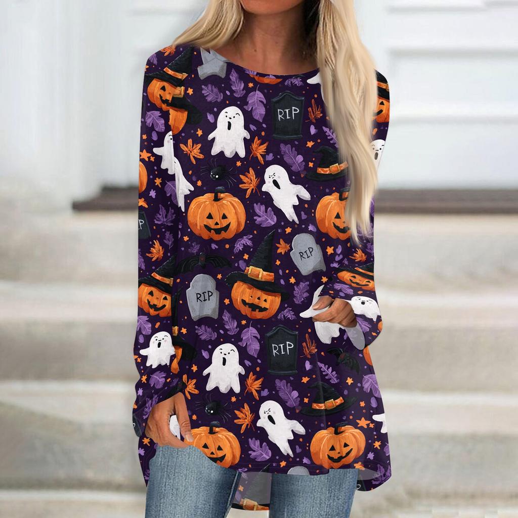 Women's Halloween Printed Long Sleeve Round Neck T-Shirt Mid-Length Casual Top
