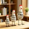 Farmhouse Style Decorations 3Pcs Hand-Painted Wooden Chicken Figurine Set, Cute Animal Desktop Decor with Striped Black Solid Wood Figurines