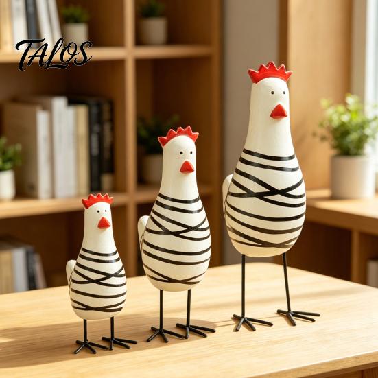Farmhouse Style Decorations 3Pcs Hand-Painted Wooden Chicken Figurine Set, Cute Animal Desktop Decor with Striped Black Solid Wood Figurines