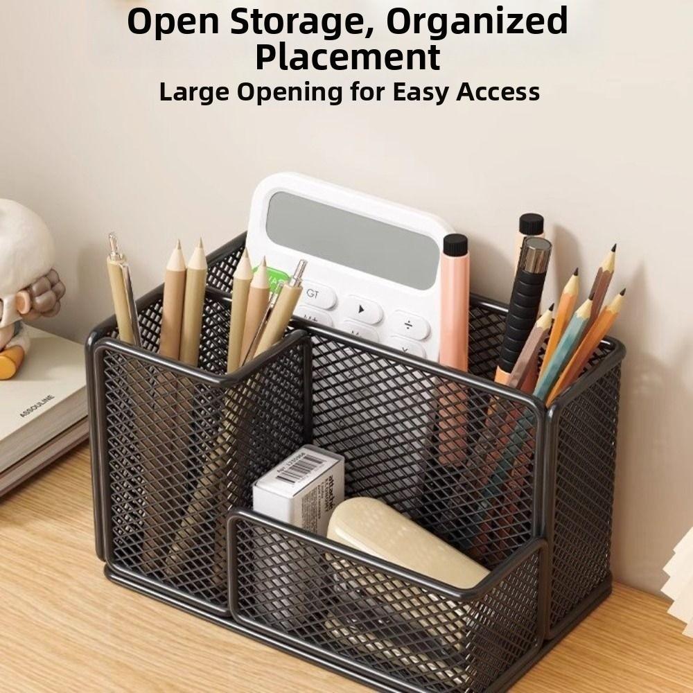 Carbon Steel Mesh Desk Organizer 3 Compartments Stationery Storage Rack  Desktop Use