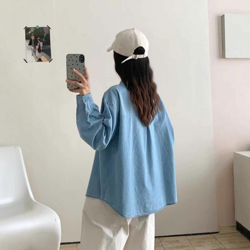 Women's Retro Cartoon Embroidered Cotton Denim Shirt - Long Sleeve, Casual Top for Spring/Autumn 2025