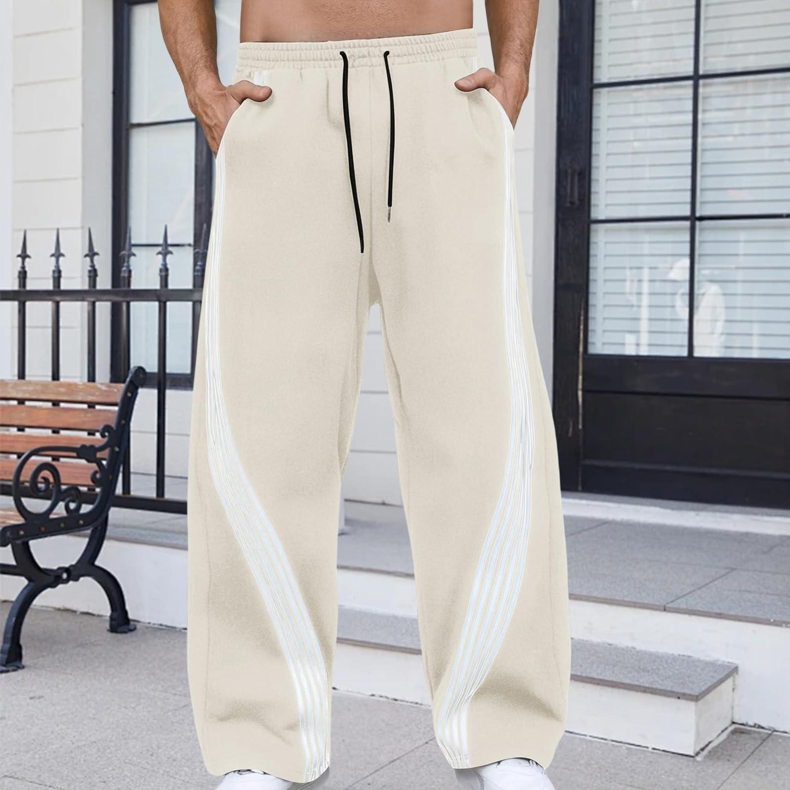 

Men s Looped Sweatpants, Color-blocked Line Casual Pants, Men s Loose Pants L бежевий