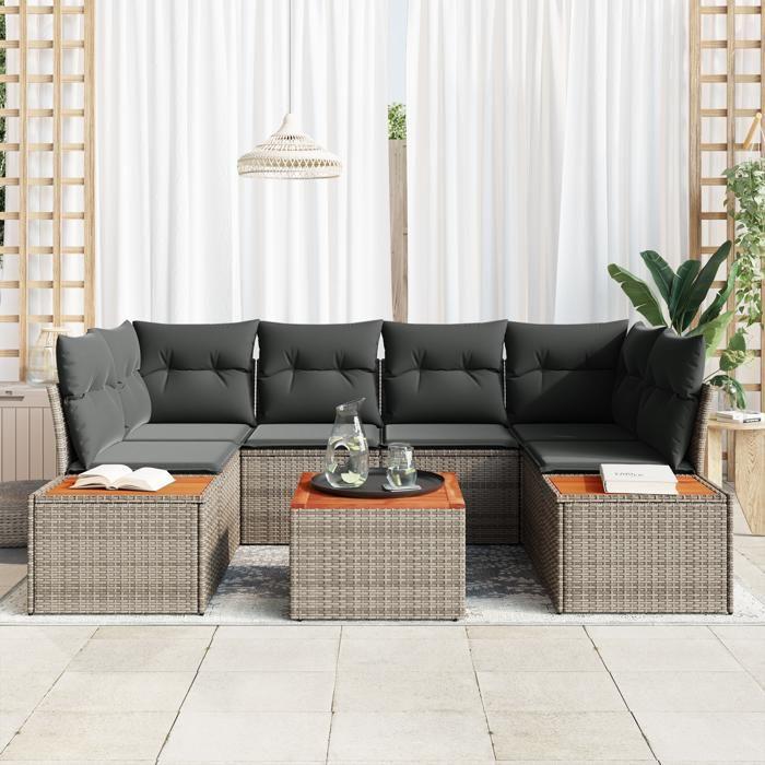 VidaXL Ensemble de canapé de jardin 7 pièces avec coussins gris poly rattan acacia 3348035