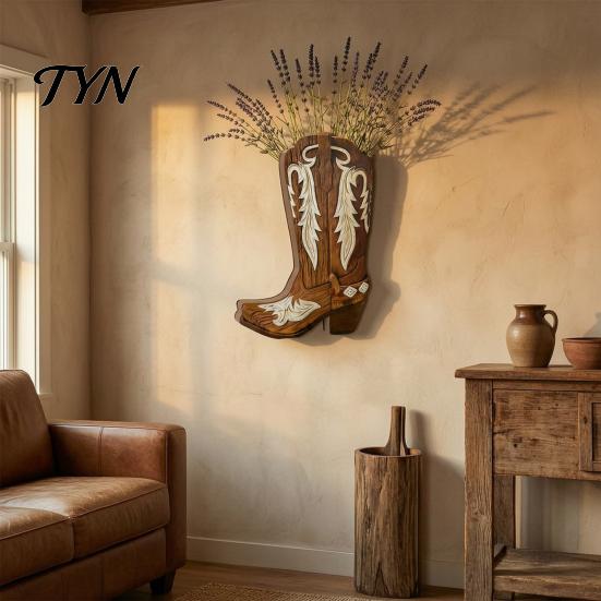 Western Cowboy Boot Wall Decor Wooden Boots Planter for Indoor Plants, Flower Hanging Vase Themed Store Art Faux Flower, Rustic Home Bathroom Bedroom