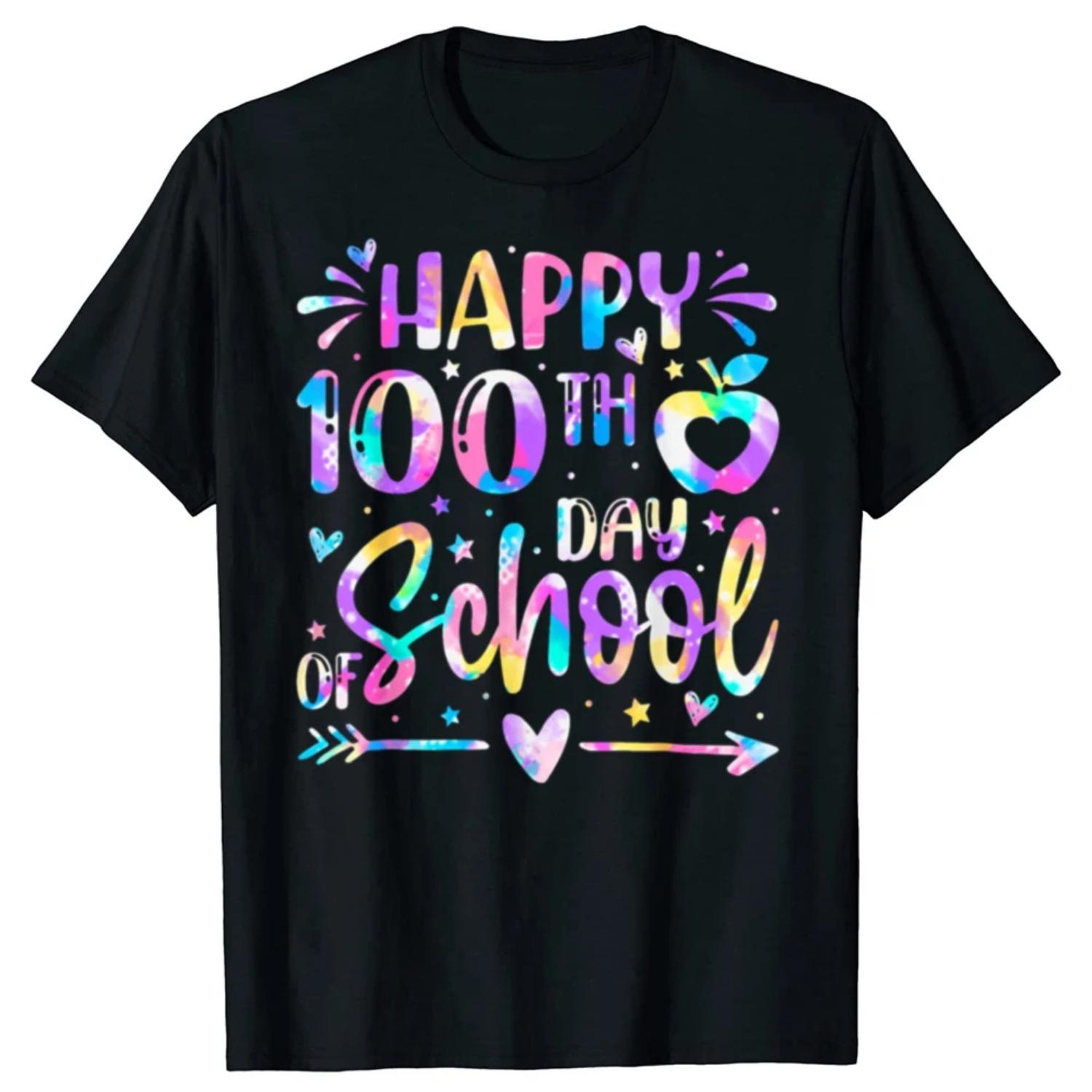 

Смешная футболка с радугой на 100-й день школы, 100 дней, 100% хлопок, мужская повседневная футболка, свободная, оверсайз, уличная футболка S чёрный