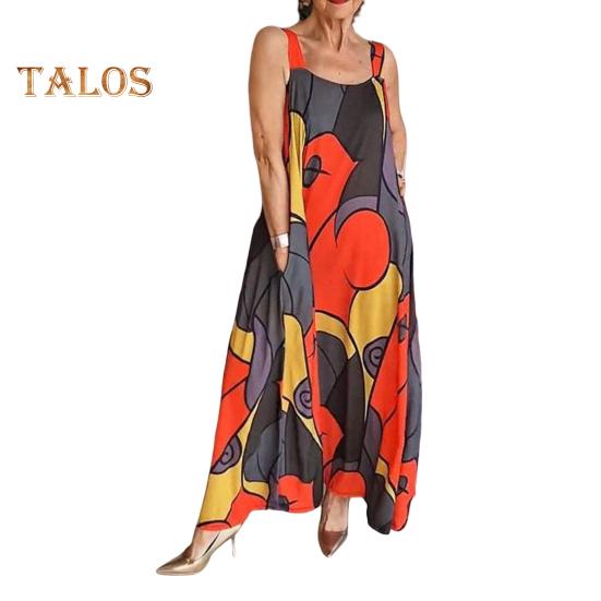 Damen Sommerkleid Ärmellos A-Linie Bunter Druck Seitentaschen Großer Saum Knöchellang Urlaub Strand Maxikleid