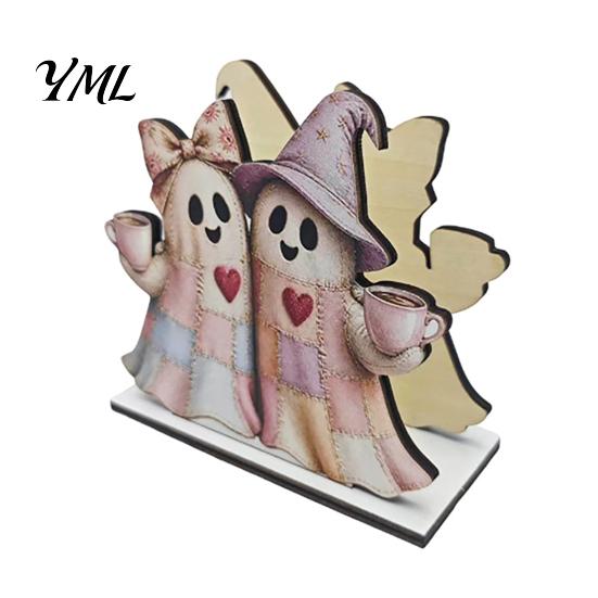 Ghost Pumpkin Centerpiece Halloween Wooden Napkin Holder, Black Cat Decorative Tabletop Tissue Kitchen Countertop Organizer Dispenser, Paper