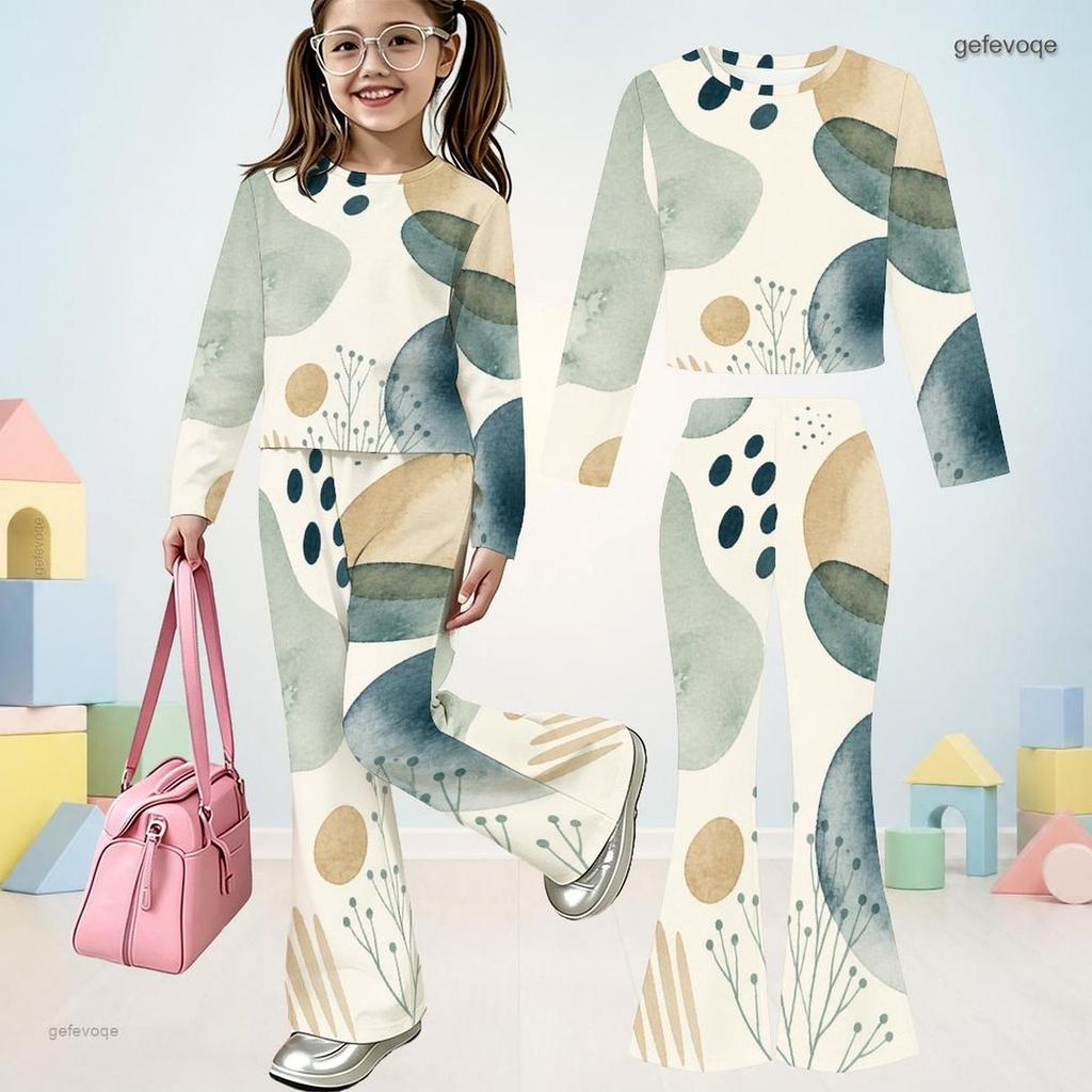 Girls Abstract Face Printed Round Neck Long Sleeve Top And Flared Pants Two Piece Outfit