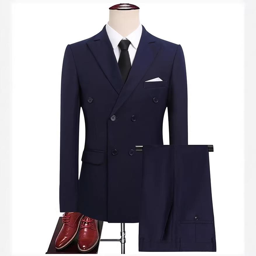 Men Plus Size Double Breasted Solid Color Slim Fit British Style Two Piece Suit