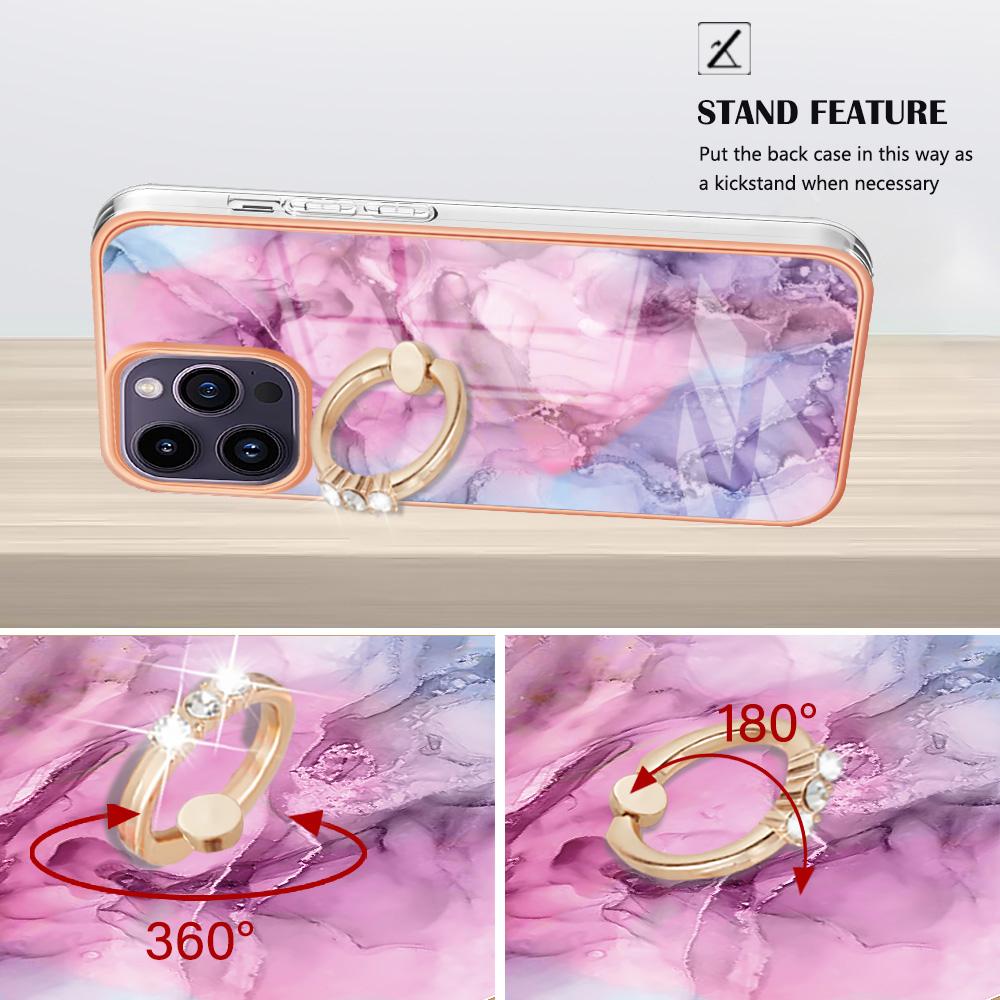 YB IMD Series-17 Style-E for iPhone 15 Pro Max Ring Kickstand 2.0mm TPU Phone Case IMD Marble Pattern Back Cover