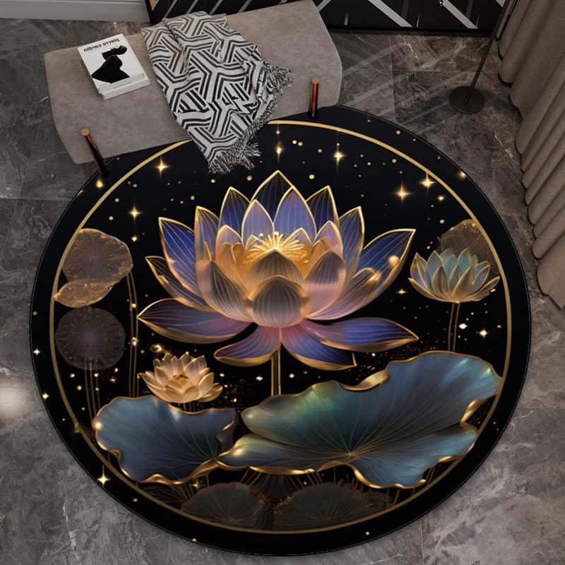 

Luxury Gold Lotus Flower Round Rug Black Background Starry Sky Pattern Elegant Home Decor Artistic Floor Mat crystal fleece 60cm x 60cm
