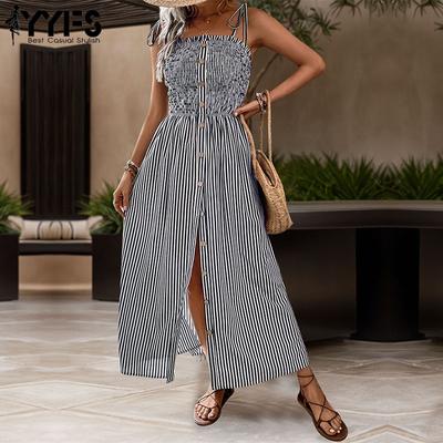Moda Donna Estate Primavera Stampa a Righe Senza Maniche Monospalla Vita Media Abiti Casual