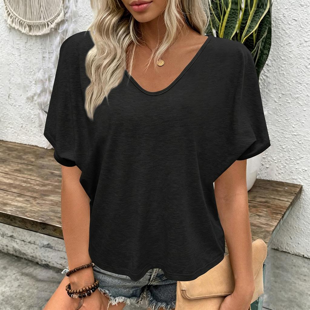 Loose Fit V Neck Short Sleeve T Shirt Casual Lightweight Wrinkled Texture Summer Top for Women Comfortable Everyday Wear