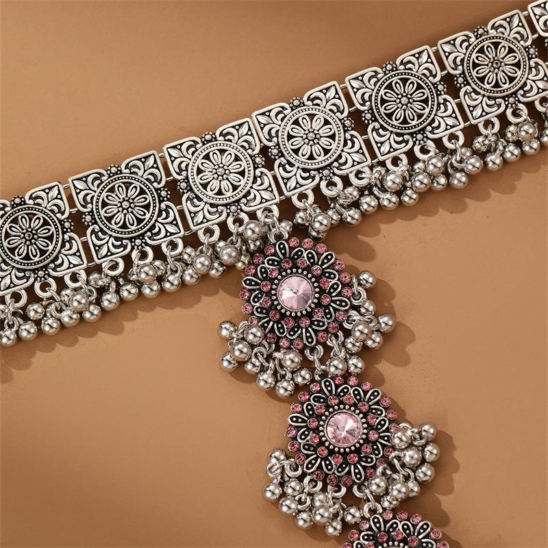Ethnic Copper Color Carved Flower Bracelet Bangles In Chain Link Rings Girls Retro Pink Crystal Geometric Tassel Banquet Zircon
