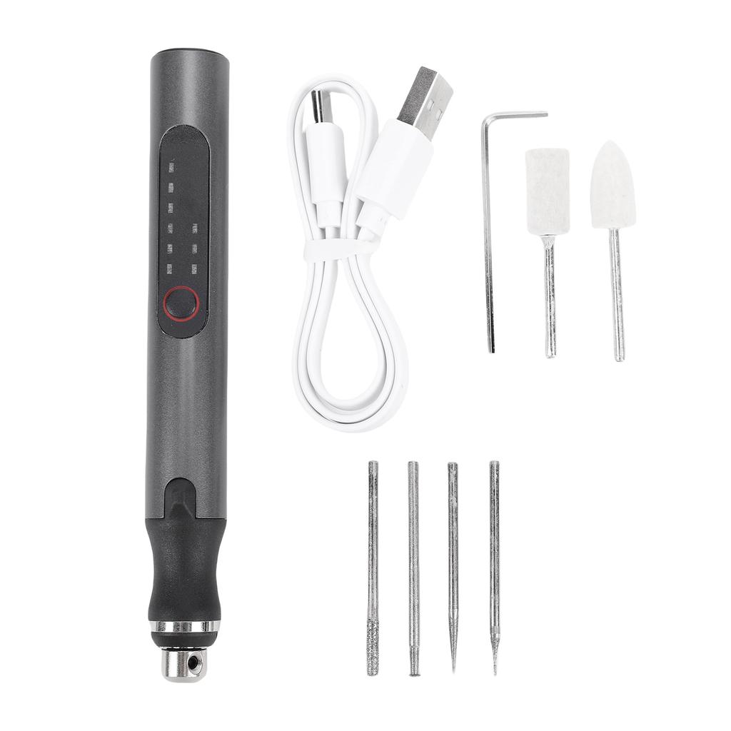Caneta de Gravação Elétrica com 6 Brocas Recarregável Tipo C USB Baixo Ruído Controle de 3 Velocidades para Metal Madeira Vidro Plástico