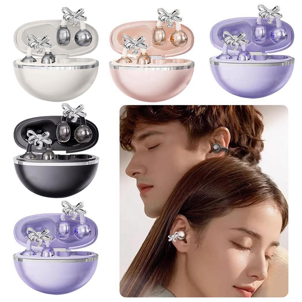 Clip-on Earbuds Wireless Bluetooth 5.4 Open Ear Headphones with Detachable Crystal Bowknot Earrings Eearphones For Sports, Fitness & Workouts