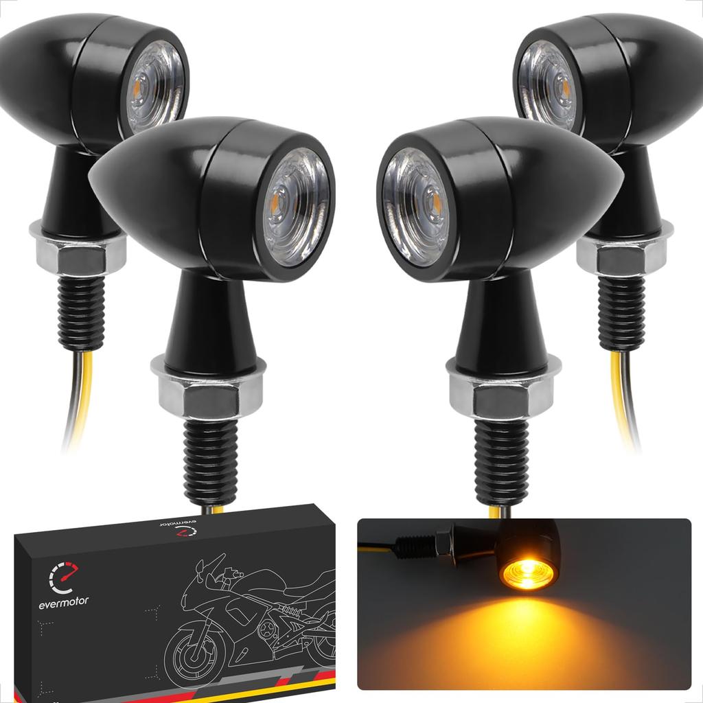 Evermotor Motorcycle LED Turn Signals, Bullet Shape, Small, 12V, Black Case, High Brightness, Round, Waterproof, EU Certified E-Mark (4pcs)