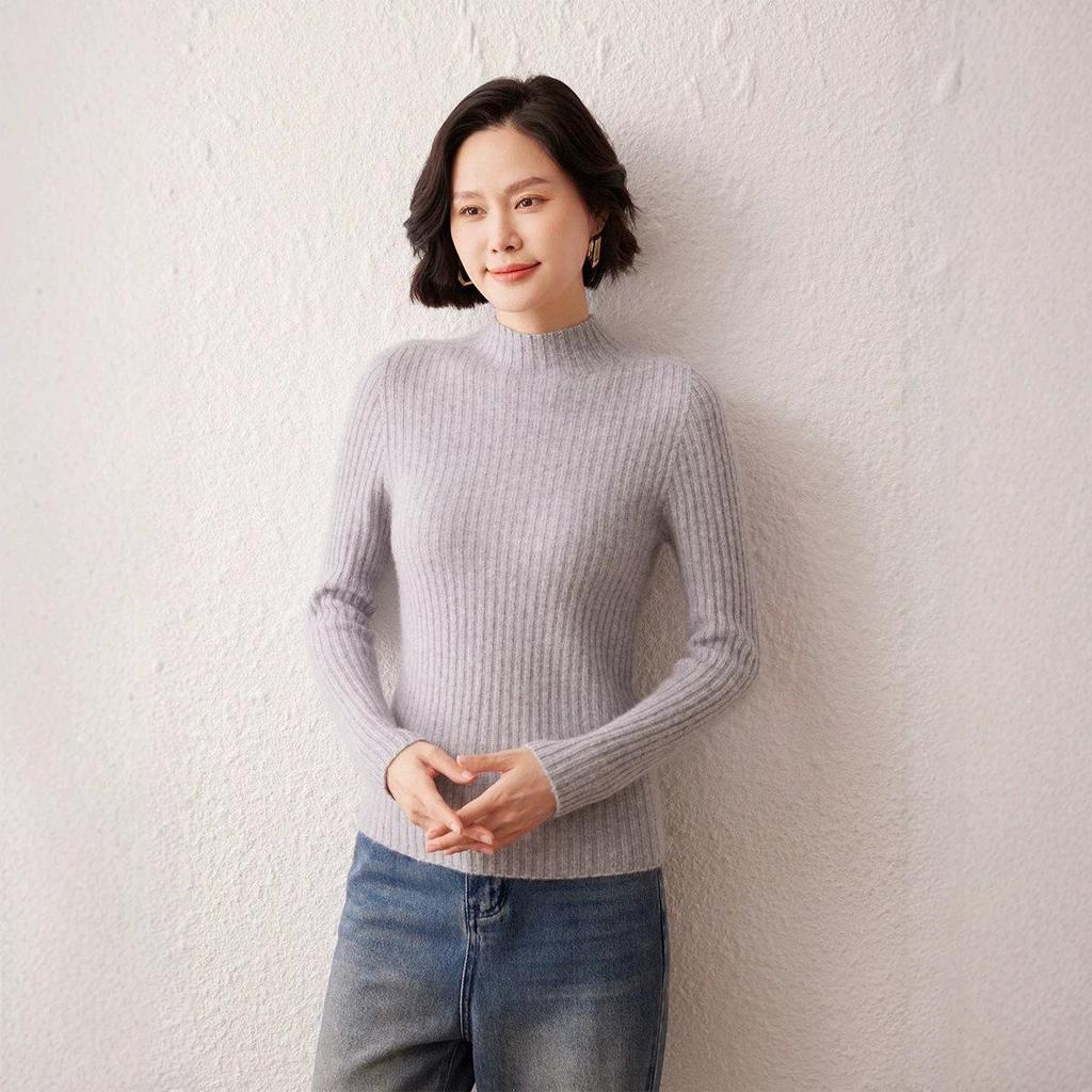 Cashmere Ribbed Slim-Fit Sweater: Warm, Thick Half-High Collar Knitwear for Autumn & Winter