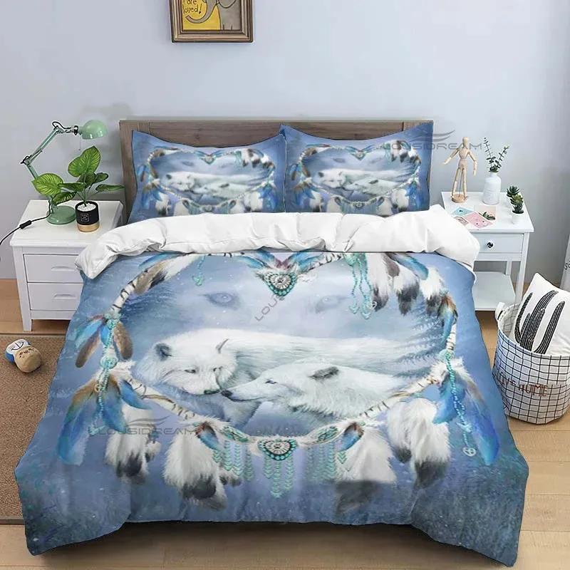 Indian Dreamcatcher Wolf Pattern Comforter Bedding Set,Duvet Cover Bed Set Quilt Cover Pillowcase,King Queen Size Bedding Set