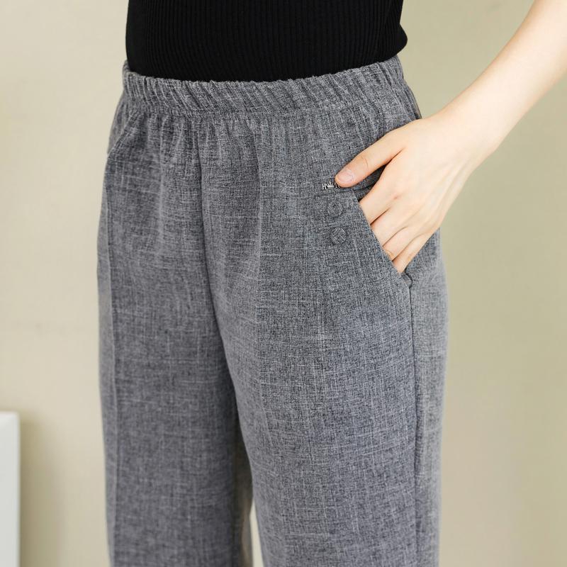 Summer High Waist Straight Pants for Women Plus Size Classic Elastic Waist Cotton Linen Trousers