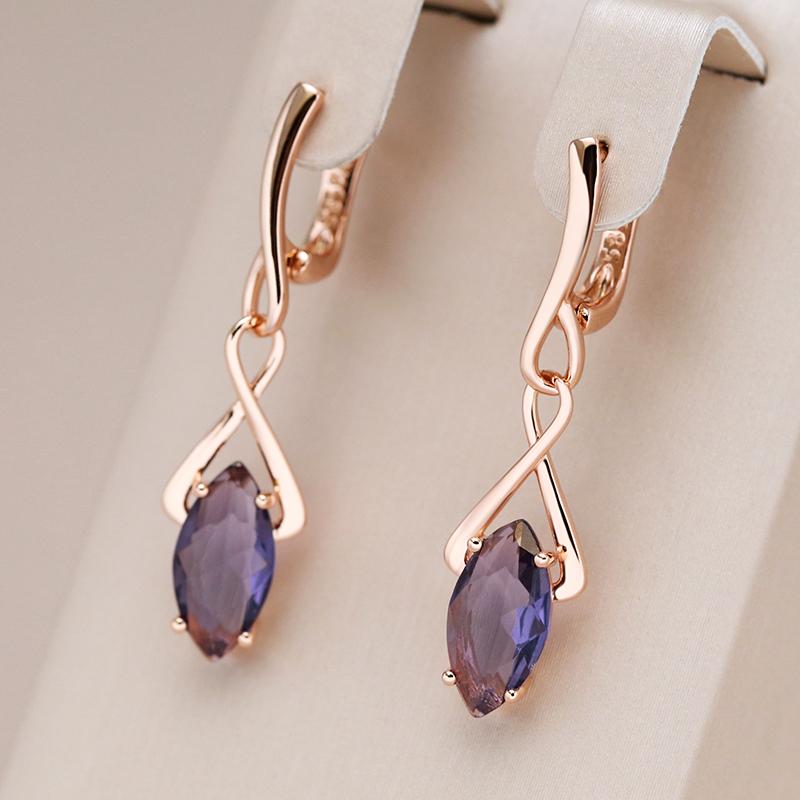 Purple Natural Zircon Long Drop Earrings For Women Fashion  Rose Gold Rhombus Accessories Wedding Daily Jewelry