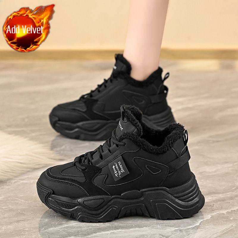 Winter Damen Enganliegende Sportschuhe mit dicker Sohle und hohem Schaft mit Wollfutter, Warme und höhenerhöhende Sportschuhe für Damen im koreanischen Stil