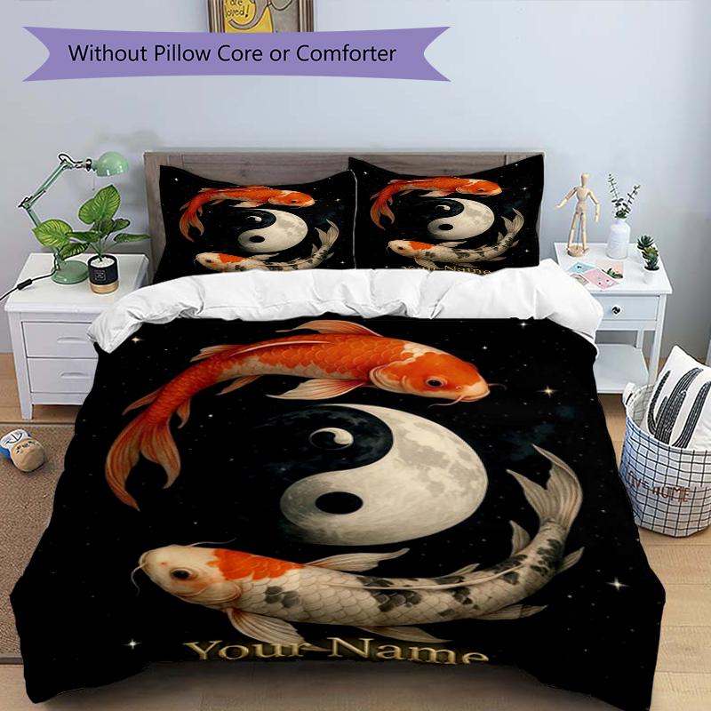 Koi Yin Yang Custom Name Text Print 1Pc Bedding Set Duvet Cover With Two Pillowcases Soft Bed Linen For Household Bedroom