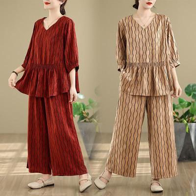 Real Shot 2025: Chic Slimming Plus-Size Summer Two-Piece Set with Light Mature Style and Wide-Leg Pants