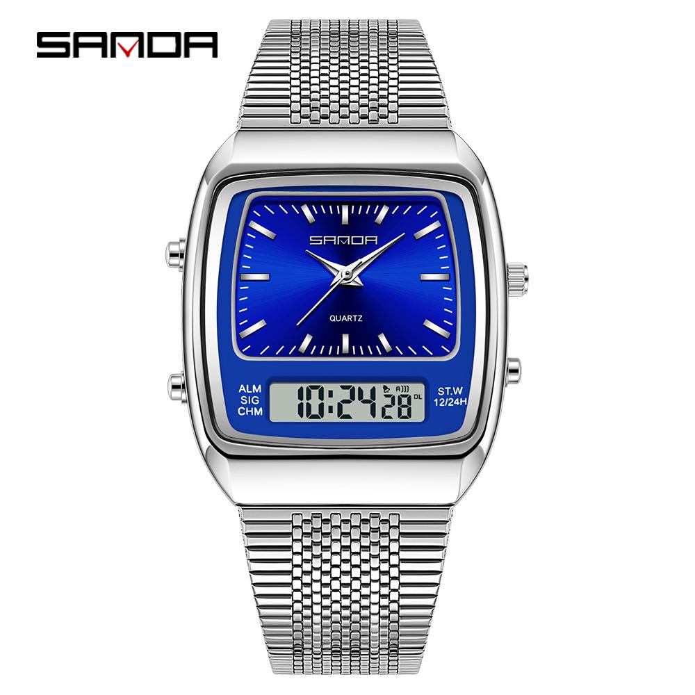 Fashion Sanda 3393 Electronic Quartz Watch Multifunction Dual Display Clock Luminous Casual Mens Women Unisex Time Digital Watch