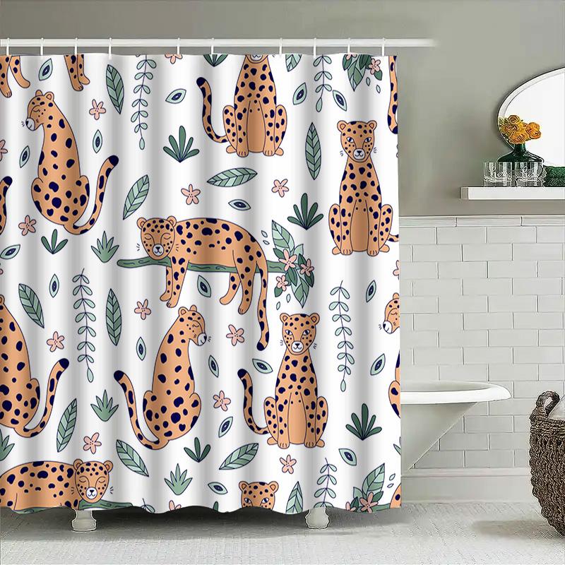 Animal Print Shower Curtain Cute Leopard Pattern For Bathroom Decor Modern White Design With Green Leaf Accents