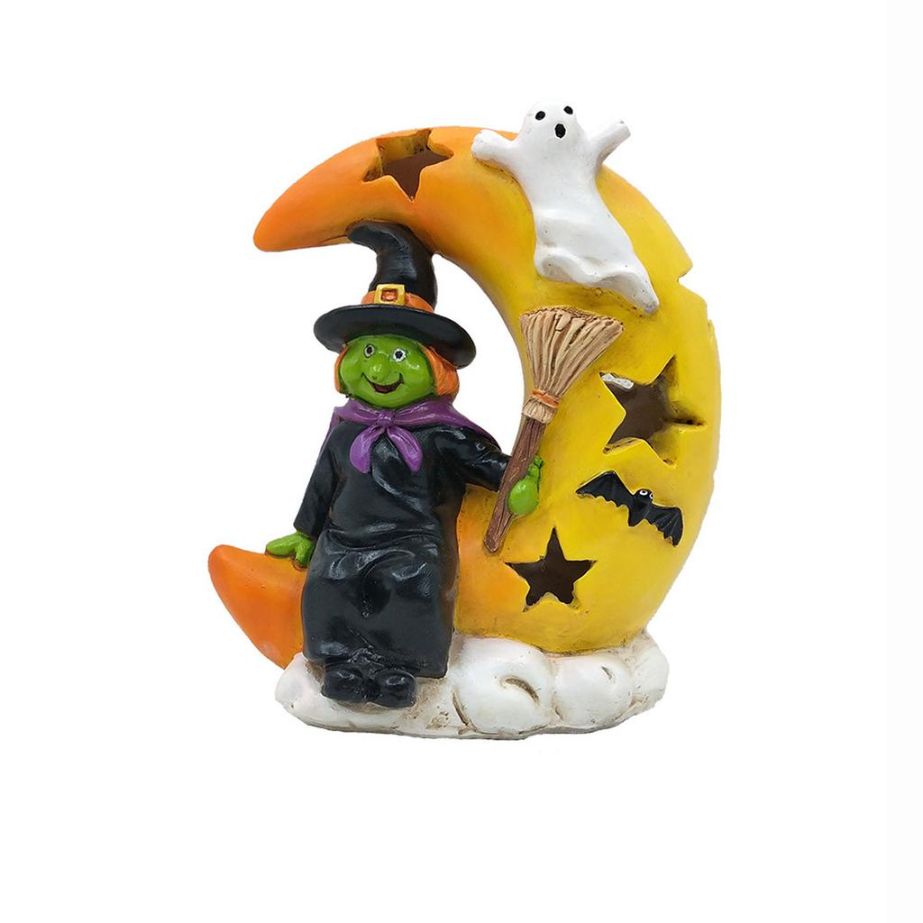 Halloween Solar Powered Resin Witch and Ghost Moon Tree Decoration with Star and Bat Cutouts for Outdoor Indoor Use
