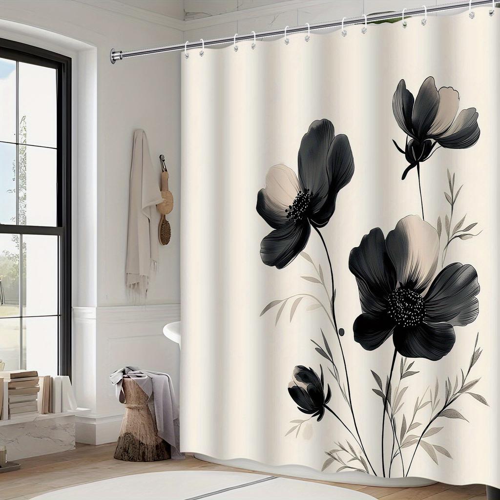 Black & White Poppies Bath Curtain-Minimalist Floral Design,Soft Petals on Cream, Polyester,Machine Washable,Elegant Bath Decor