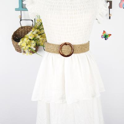 Cotton And Linen Wind Woven Belt Women'S Round Square Buckle Dress Long Shirt Decorative Waist Seal