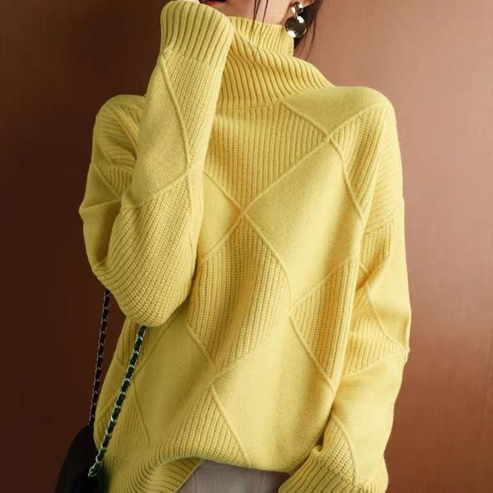 Ladies' High Neck Autumn and Winter Diamond Solid Color Thick Pullover Loose and Lazy Style Knitted Base Sweater
