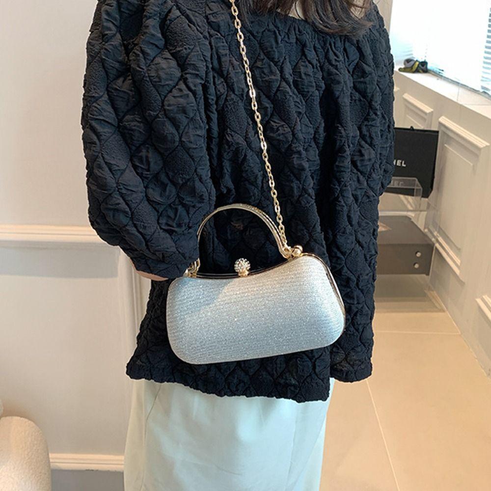 Gold Bright Silk Circular Evening Bag Women Banquet Clutch Rhinestone Decor Chain Shoulder Bags Luxury Female Party Handbags