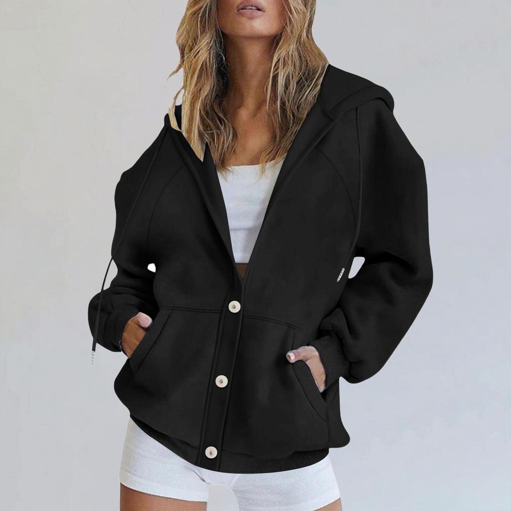 Women's Fashionable Loose Casual Cardigan Button Drawstring Hooded Sweatshirt