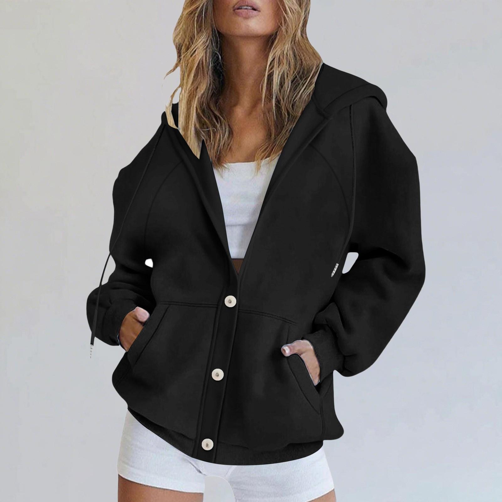 

Женский модный свободный повседневный кардиган на пуговицах, худи с капюшоном на шнурке L чёрный