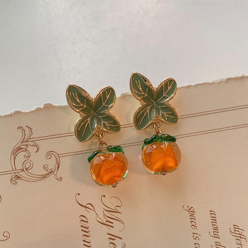 Creative Persimmon Orange Color Flower Leaf Stud Earrings For Women Painting Oil Glazed Glass Earrings Jewelry Accessories