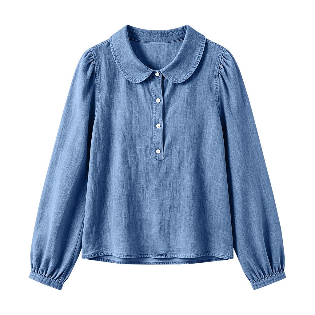 Women's Denim Button Down Shirt with Lapel Collar for Casual Daily Wear