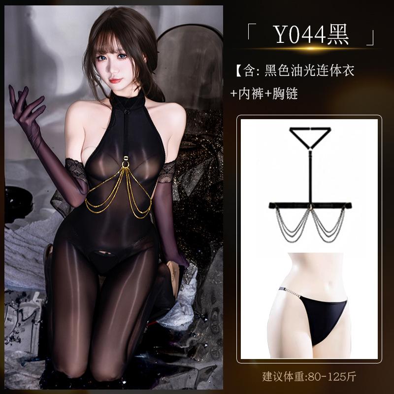Sex underwear oily and shiny D tight-fitting package feeling silky and ultra-thin horse oil men's and women's neck open crotch stockings onesie
