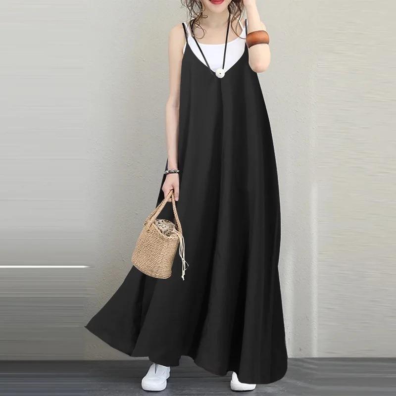IHUASU Fashion Summer Spring Solid Color Print Sleeveless V-Neck Casual Dresses