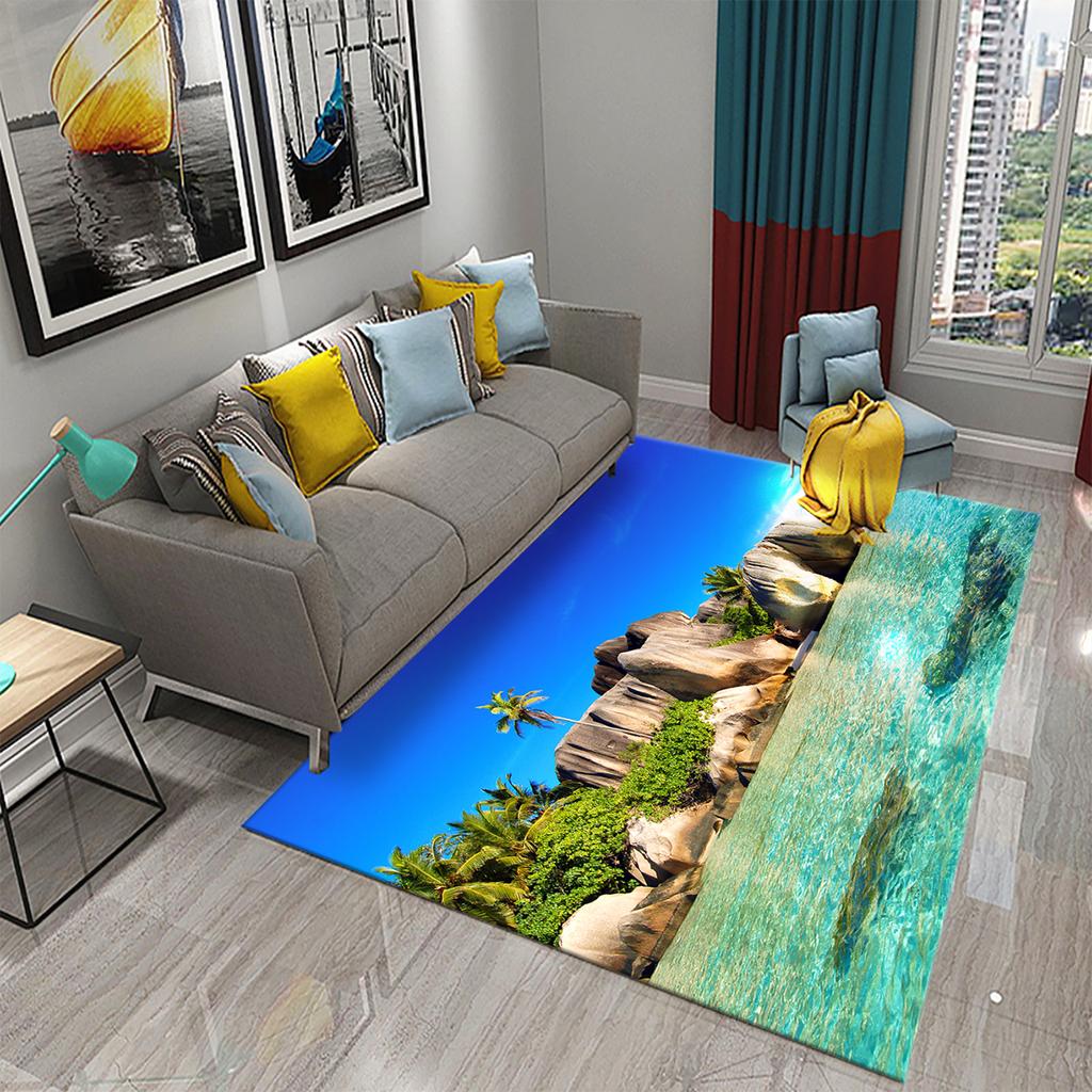 3D Tropical Island Ocean Beach Print Carpet for Kitchen Bathroom Living Room Bedroom Non-slip Absorbent Modern Home Decor Carpet